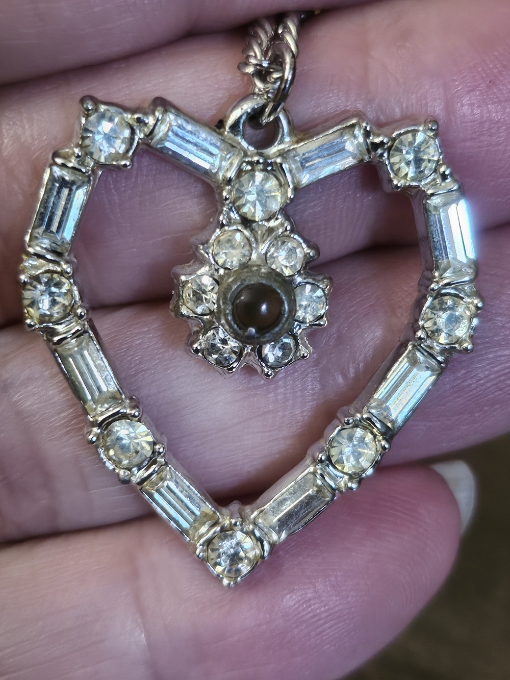 Vintage Silver-tone Rhinestone Heart Stanhope Pendant Necklace Lord's Prayer 18"